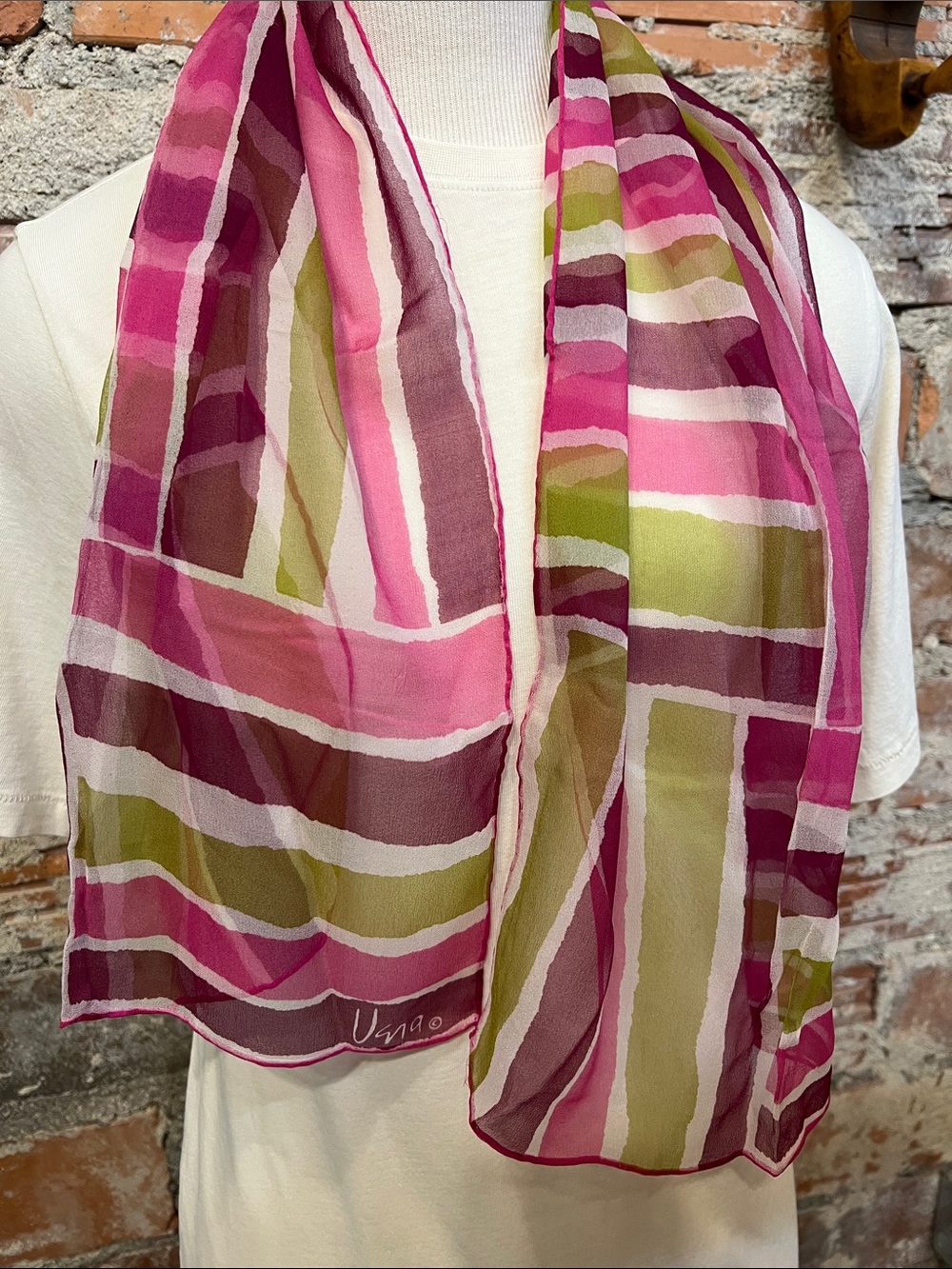 Vintage Vera Neumann Oblong Chiffon striped geometric pattern  Scarf  14” X 43”